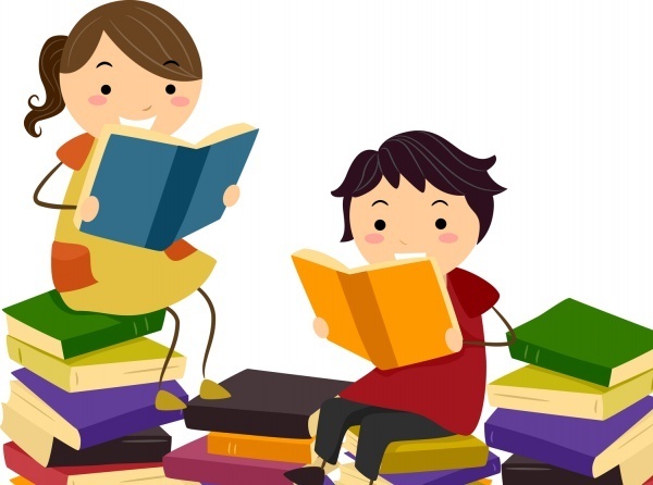 Toddlers sitting on a pile of books while reading books.