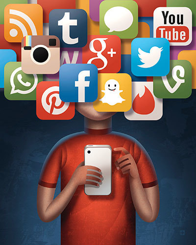 Person holding a phone with multiple Social Media Icons above their head