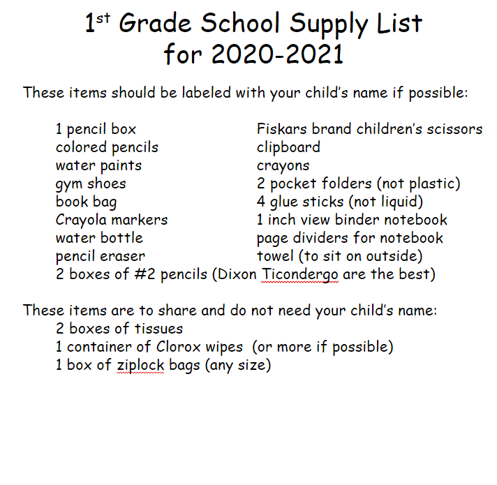 2020-2021 School Supply lists